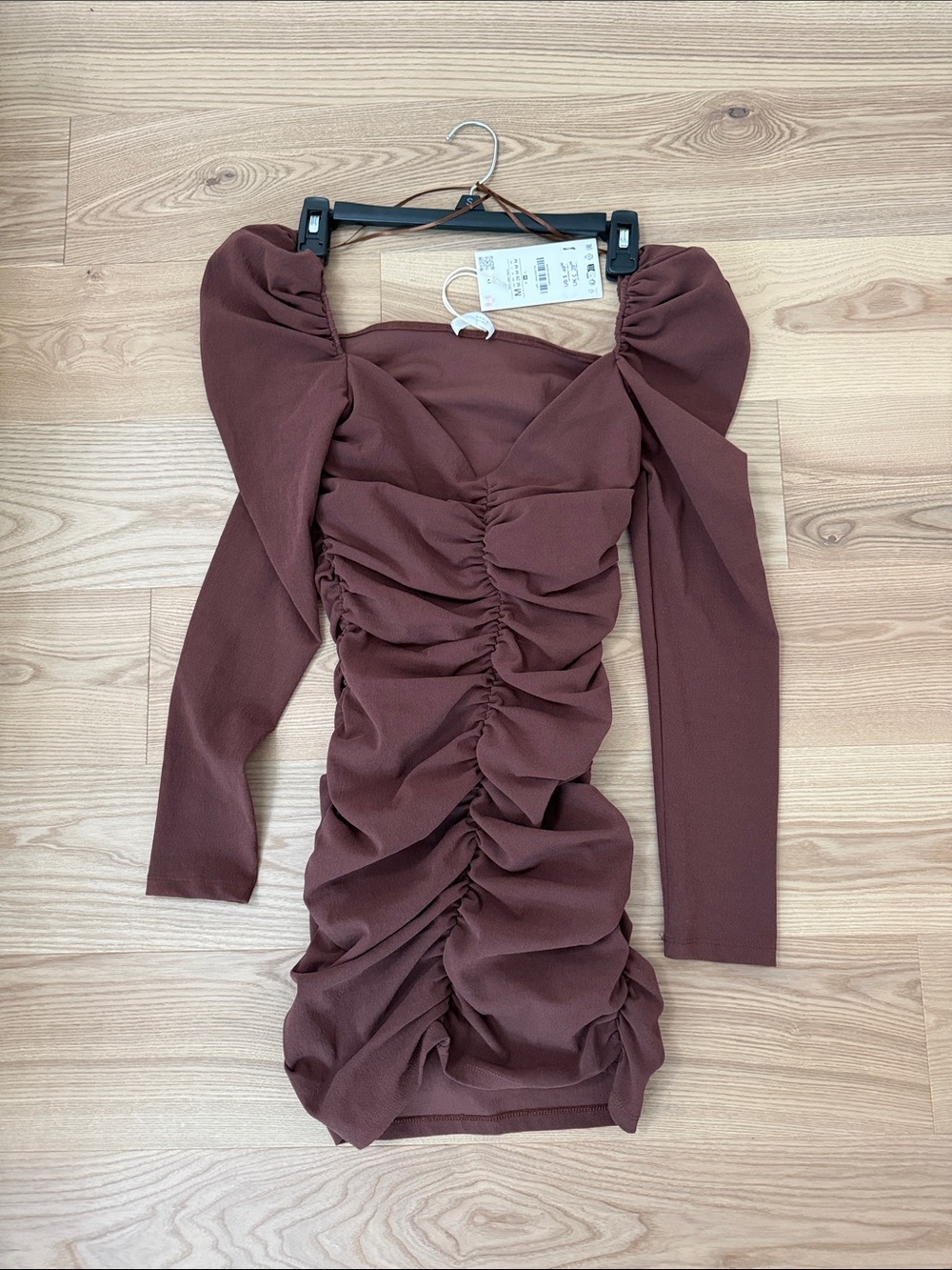Zara Ruched Long-Sleeve Mini Dress in Chocolate Brown